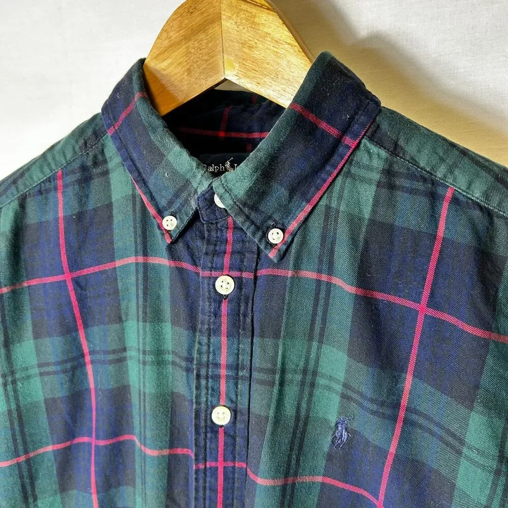 Ralph Lauren Boy's Green Blue Red Tartan Plaid Button-Down LS Shirt Sz L (16-18)